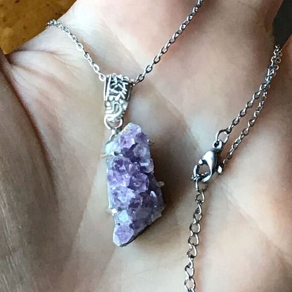 African Amethyst Geode Sterling Silver Stainless Steel Pendant Necklace - Picture 7 of 7